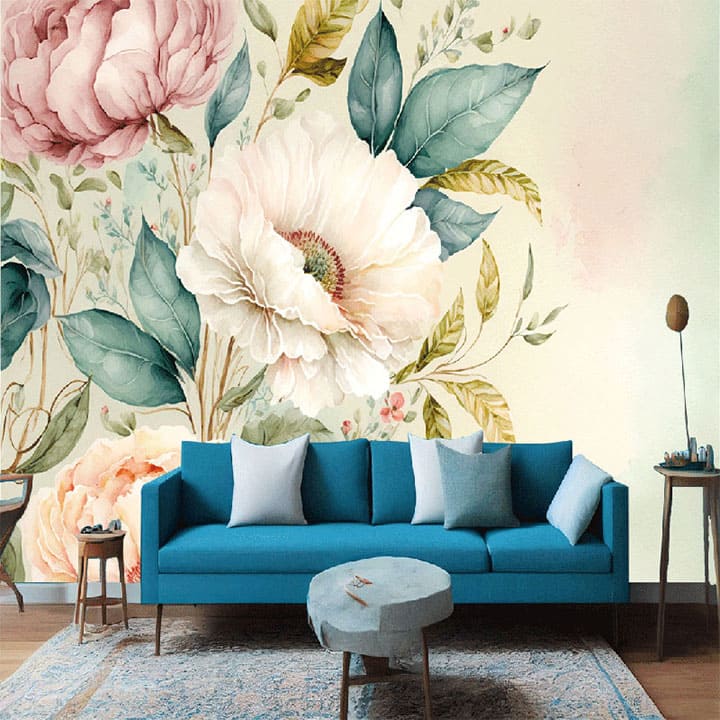 "Pink flower bouquet and green leaves wallpaper, perfect for modern interiors, adding a fresh and elegant floral touch to any room."