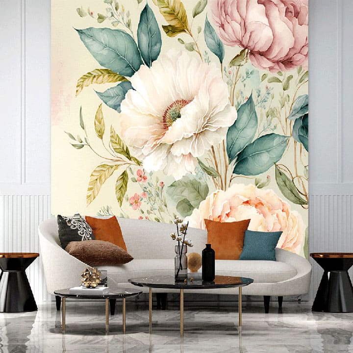 "Pink flower bouquet and green leaves wallpaper, perfect for modern interiors, adding a fresh and elegant floral touch to any room."