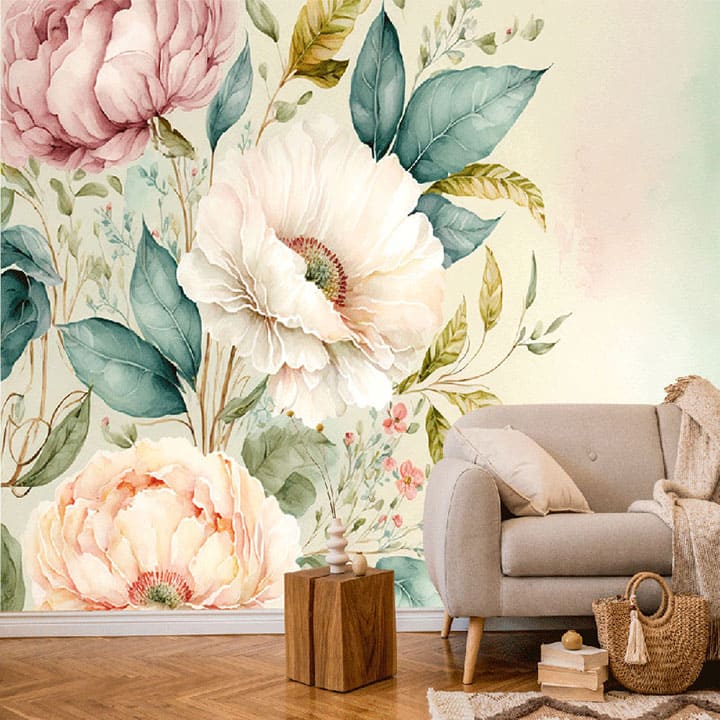 "Pink flower bouquet and green leaves wallpaper, perfect for modern interiors, adding a fresh and elegant floral touch to any room."