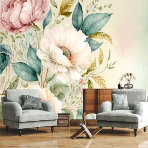 "Pink flower bouquet and green leaves wallpaper, perfect for modern interiors, adding a fresh and elegant floral touch to any room."