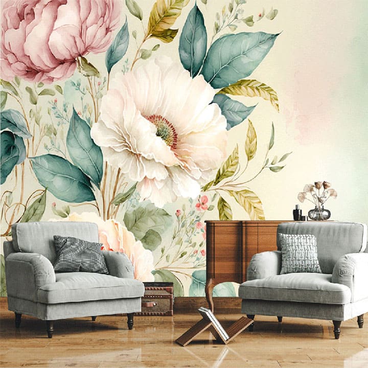 "Pink flower bouquet and green leaves wallpaper, perfect for modern interiors, adding a fresh and elegant floral touch to any room."