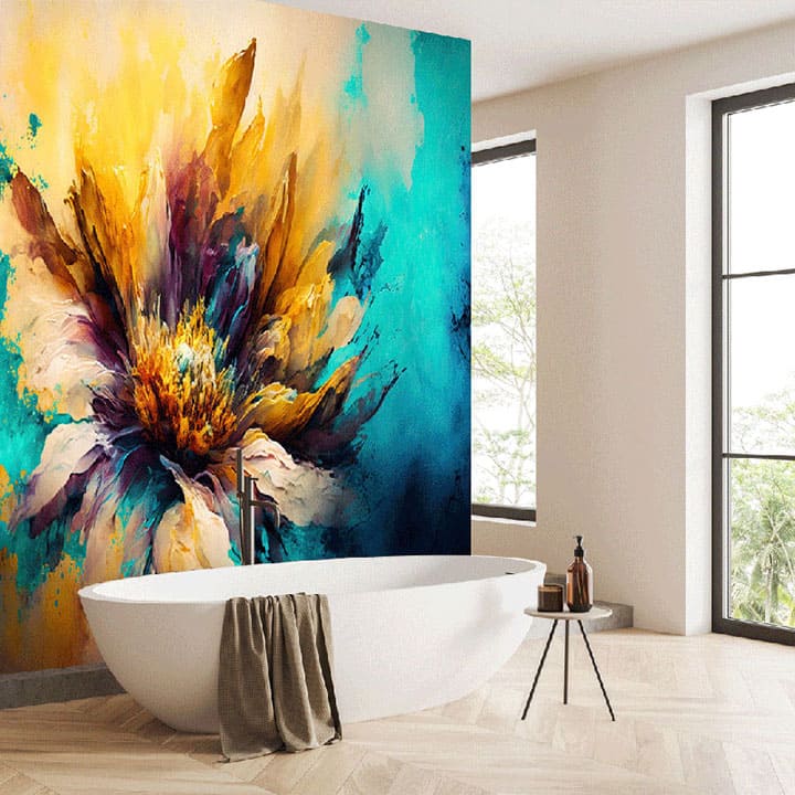 "Modern abstract floral oil texture wallpaper with bold colors and artistic patterns, perfect for enhancing contemporary interiors."