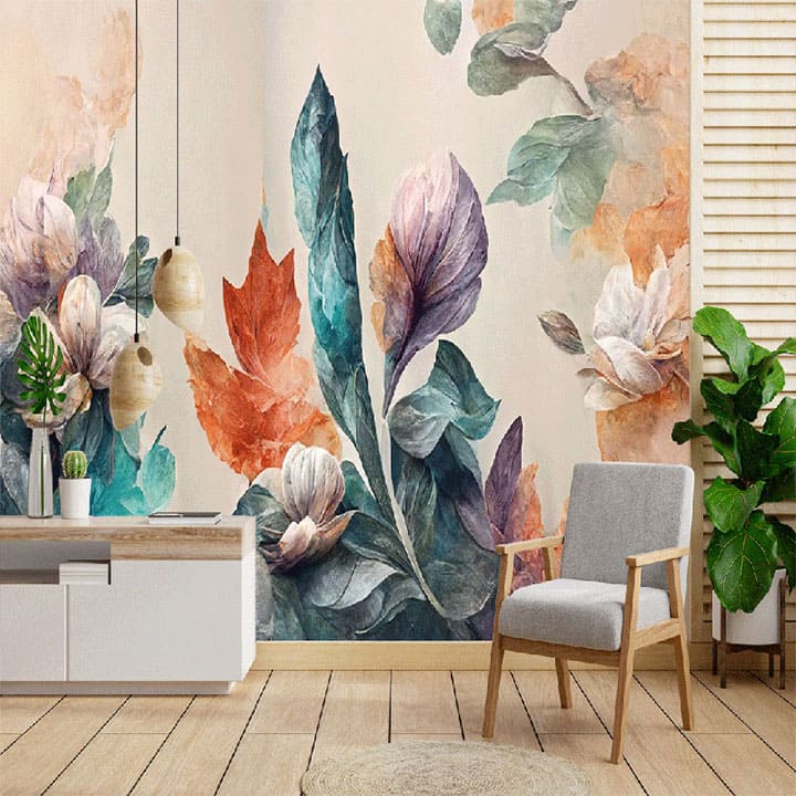 "Fall bouquet oil painting wallpaper, a blend of warm autumn tones for elegant home decor and cozy interiors."