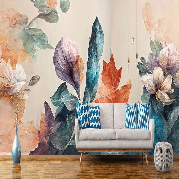 "Fall bouquet oil painting wallpaper, a blend of warm autumn tones for elegant home decor and cozy interiors."