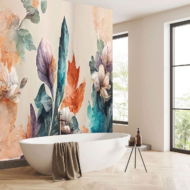 "Fall bouquet oil painting wallpaper, a blend of warm autumn tones for elegant home decor and cozy interiors."