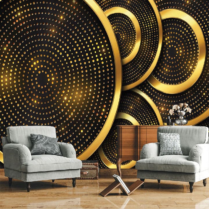 "Glitter circle wallpaper, ideal for luxurious interiors, featuring a radiant circular design with shimmering accents."