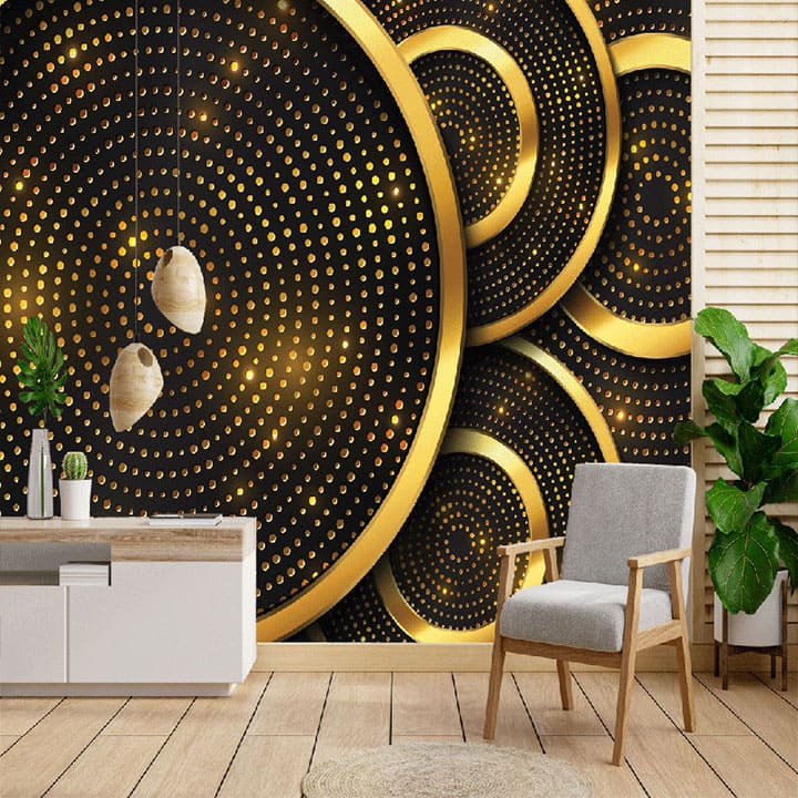 "Glitter circle wallpaper, ideal for luxurious interiors, featuring a radiant circular design with shimmering accents."