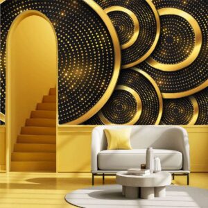 "Glitter circle wallpaper, ideal for luxurious interiors, featuring a radiant circular design with shimmering accents."