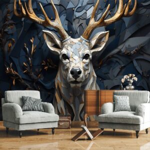 "Geometric stone deer wallpaper, featuring intricate patterns and textured tones, perfect for modern and minimalist interiors."