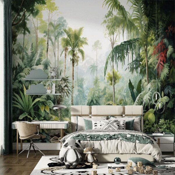 "Nature-inspired jungle wallpaper featuring lush greenery and exotic designs, perfect for creating vibrant and refreshing interiors."