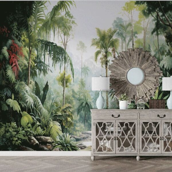 "Nature-inspired jungle wallpaper featuring lush greenery and exotic designs, perfect for creating vibrant and refreshing interiors."