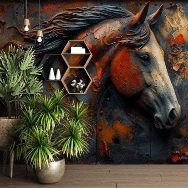 "Abstract horse design wallpaper with metallic accents, ideal for adding luxury and artistic flair to modern interiors."