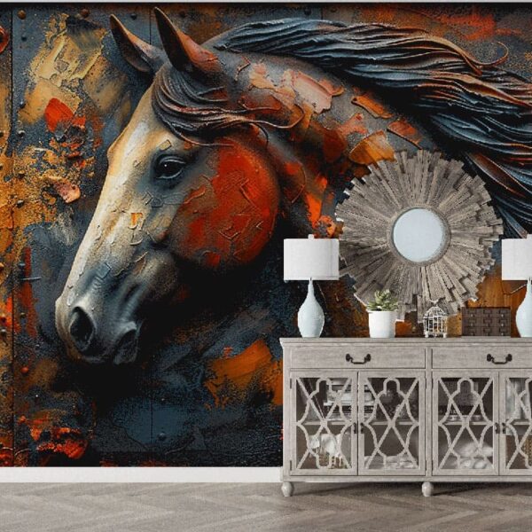 "Abstract horse design wallpaper with metallic accents, ideal for adding luxury and artistic flair to modern interiors."