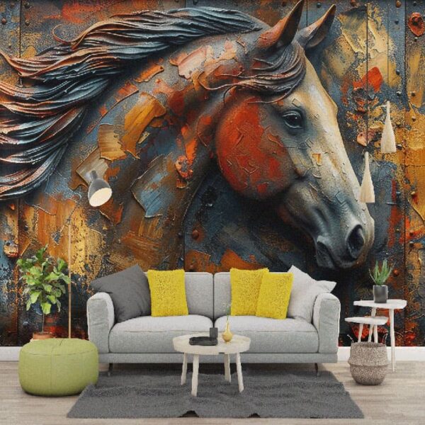 "Abstract horse design wallpaper with metallic accents, ideal for adding luxury and artistic flair to modern interiors."