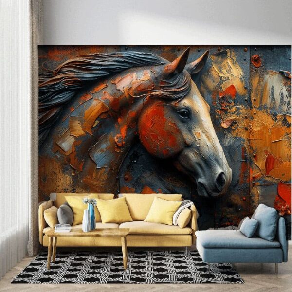 "Abstract horse design wallpaper with metallic accents, ideal for adding luxury and artistic flair to modern interiors."