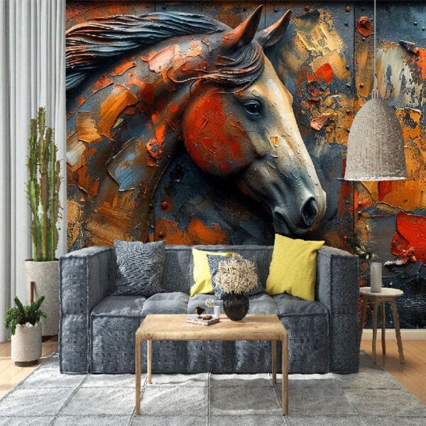 "Abstract horse design wallpaper with metallic accents, ideal for adding luxury and artistic flair to modern interiors."