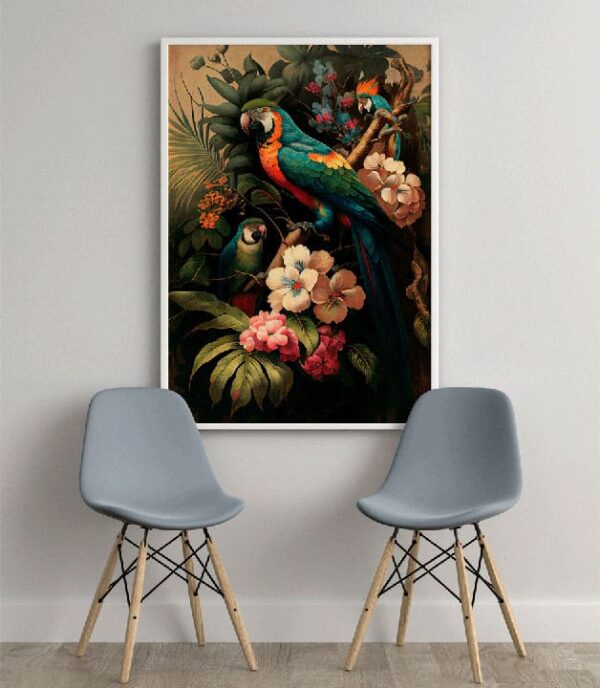 "Parrot with palm tree and flower canvas painting, a vibrant tropical wall decor for stylish interiors."