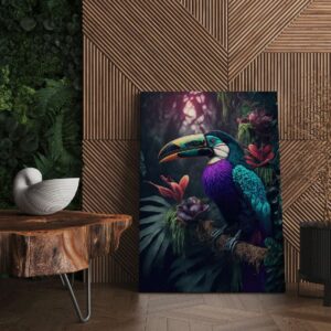 "Toucan tropical canvas art for modern homes, vibrant wall decor featuring a colorful toucan amidst tropical foliage."