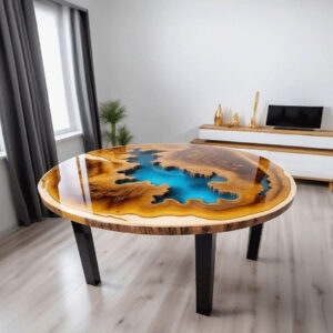 "Large solid wood table with epoxy resin and varnish, a handcrafted masterpiece for dining and decor by Anay Decor."