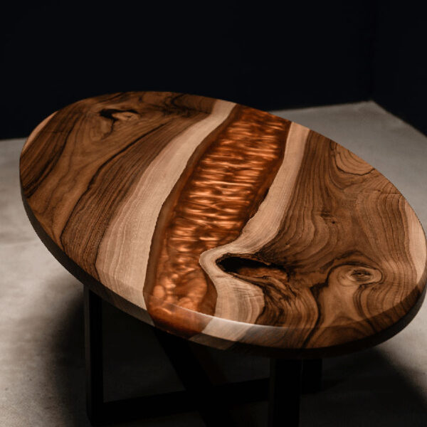"Oval epoxy resin tabletop with natural wood design, perfect for dining or decor. Handcrafted elegance by Anay Decor."
