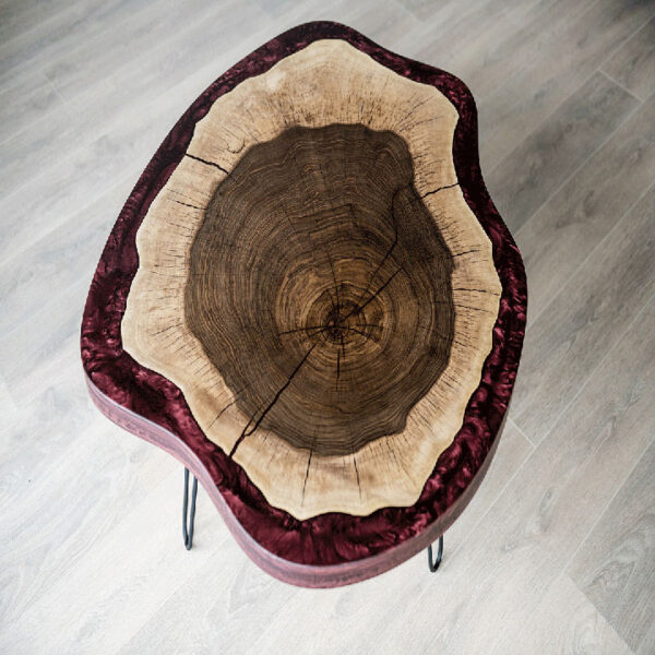 "Natural wood and burgundy epoxy resin tabletop, handcrafted design for dining or home decor by Anay Decor."