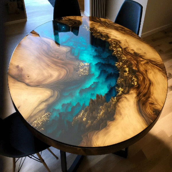 "Deep ocean blue mountain epoxy resin tabletop, handcrafted design for dining or home decor by Anay Decor."