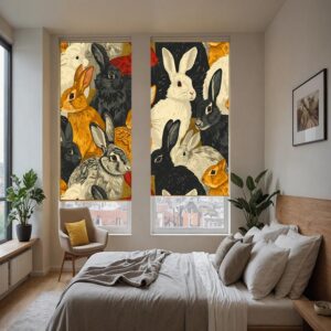 "Yellow blackout roller blind with a rabbit pattern print, stylish and modern for living room windows."