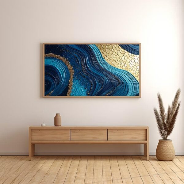 Luxury Blue Waves Metal Wall Art with Gold Ornaments – Elegant Abstract Ocean Decor for Home & Office.