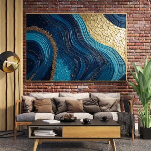 Luxury Blue Waves Metal Wall Art with Gold Ornaments – Elegant Abstract Ocean Decor for Home & Office.