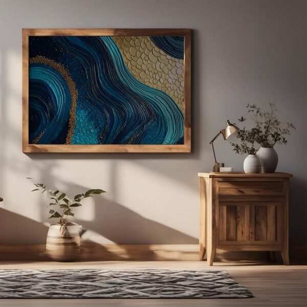 Luxury Blue Waves Metal Wall Art with Gold Ornaments – Elegant Abstract Ocean Decor for Home & Office.