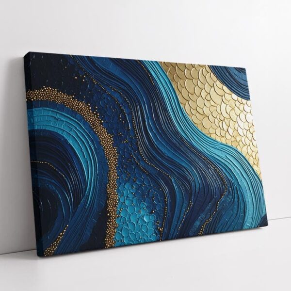 Luxury Blue Waves Metal Wall Art with Gold Ornaments – Elegant Abstract Ocean Decor for Home & Office.