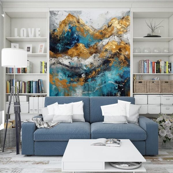 Gold & Blue Mountain Wall Painting – Handmade Luxury Abstract Art for Home & Office Decor.