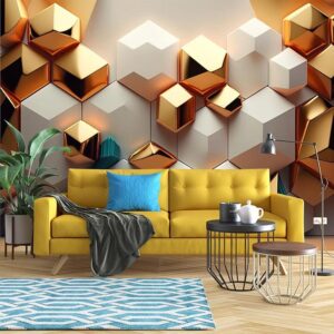 "3D hexagon wallpaper in golden & white – elegant geometric pattern with honeycombs, polygons, and triangles."