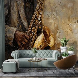 "Jazz music wallpaper with saxophone, piano, and vibrant artistic details for a stylish music-themed interior decor."