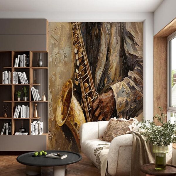 "Jazz music wallpaper with saxophone, piano, and vibrant artistic details for a stylish music-themed interior decor."