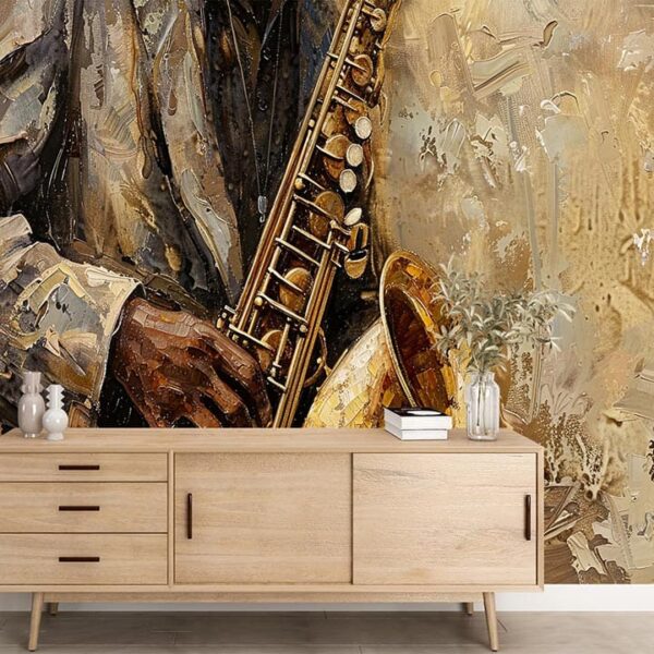 "Jazz music wallpaper with saxophone, piano, and vibrant artistic details for a stylish music-themed interior decor."