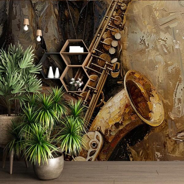 "Jazz music wallpaper with saxophone, piano, and vibrant artistic details for a stylish music-themed interior decor."