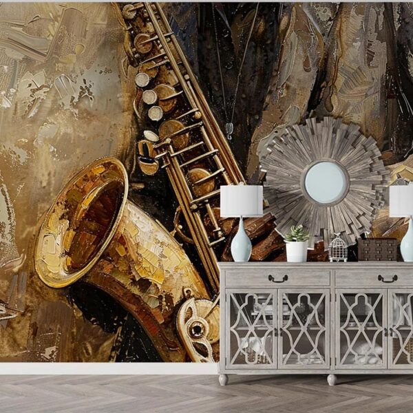 "Jazz music wallpaper with saxophone, piano, and vibrant artistic details for a stylish music-themed interior decor."