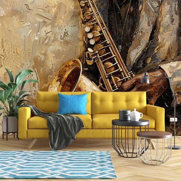 "Jazz music wallpaper with saxophone, piano, and vibrant artistic details for a stylish music-themed interior decor."