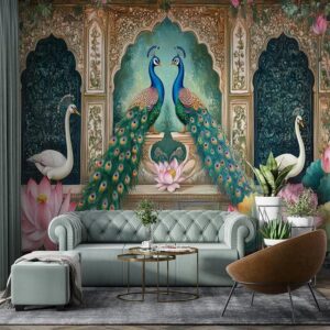 "Indian Mughal garden wallpaper with peacocks, swans, lotus flowers, and an intricate grand arch for luxury wall decor."