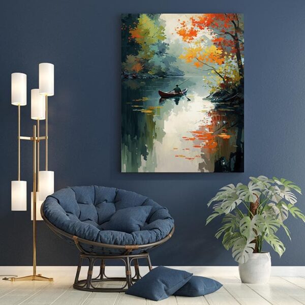 Painting of a man in a canoe on a lake with tree leaves – perfect for home decor and gifts.