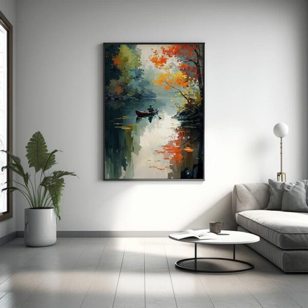 Painting of a man in a canoe on a lake with tree leaves – perfect for home decor and gifts.